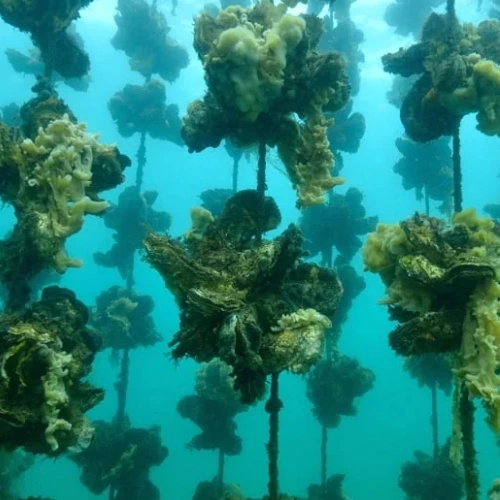 Bloeiend oesterrif in de oceaan, waar het zeeleven en de diversiteit aan natuurlijke habitats te zien zijn
